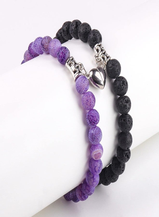 VDKIDKT Matching Couple Bracelets Healing Crystal Bracelets for Couples Matching Heart Bracelet for Lover Him & Her Boyfriend Girlfriend Valentine's Day Gifts (Purple Weathered Agate+ Black Lava Rock Stone) - Image 5
